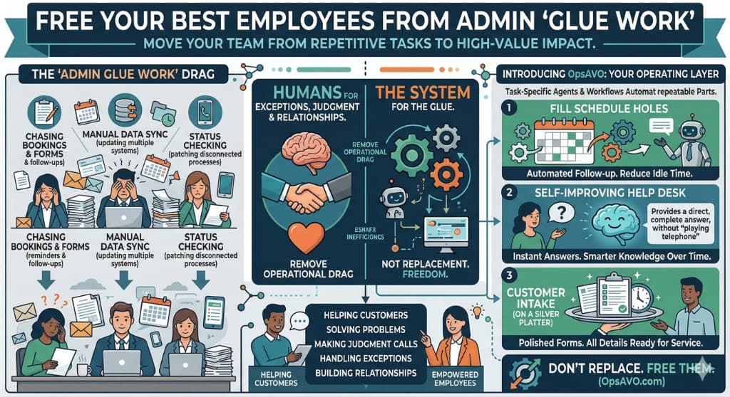 Infographic showing how OpsAVO frees employees from admin glue work by automating repetitive coordination tasks