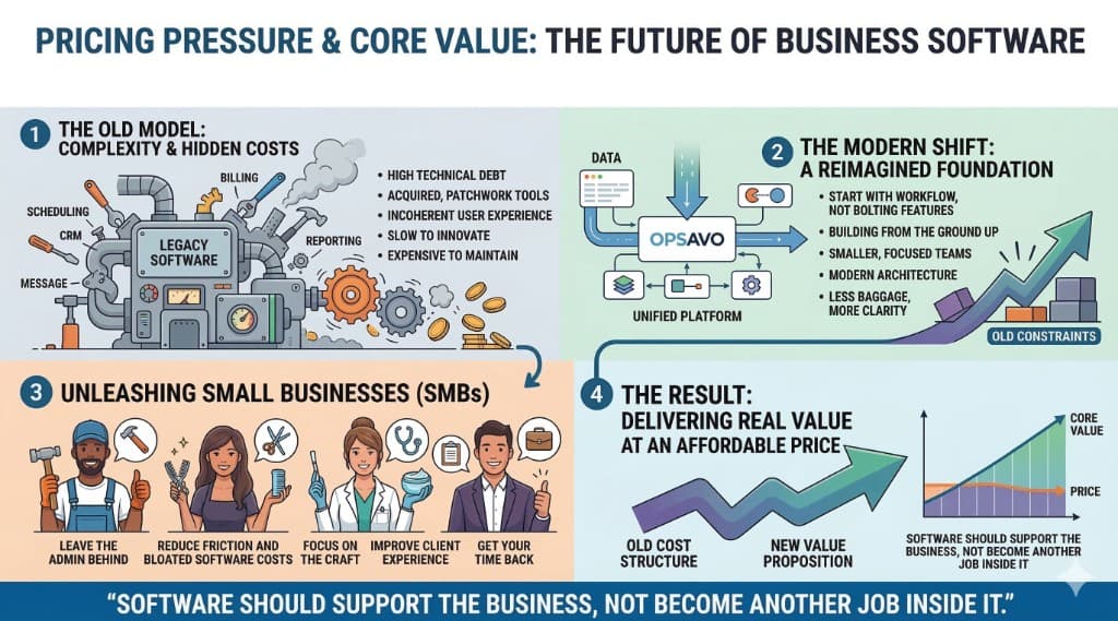 Infographic showing pricing pressure, legacy software complexity, and the shift to modern SMB platforms